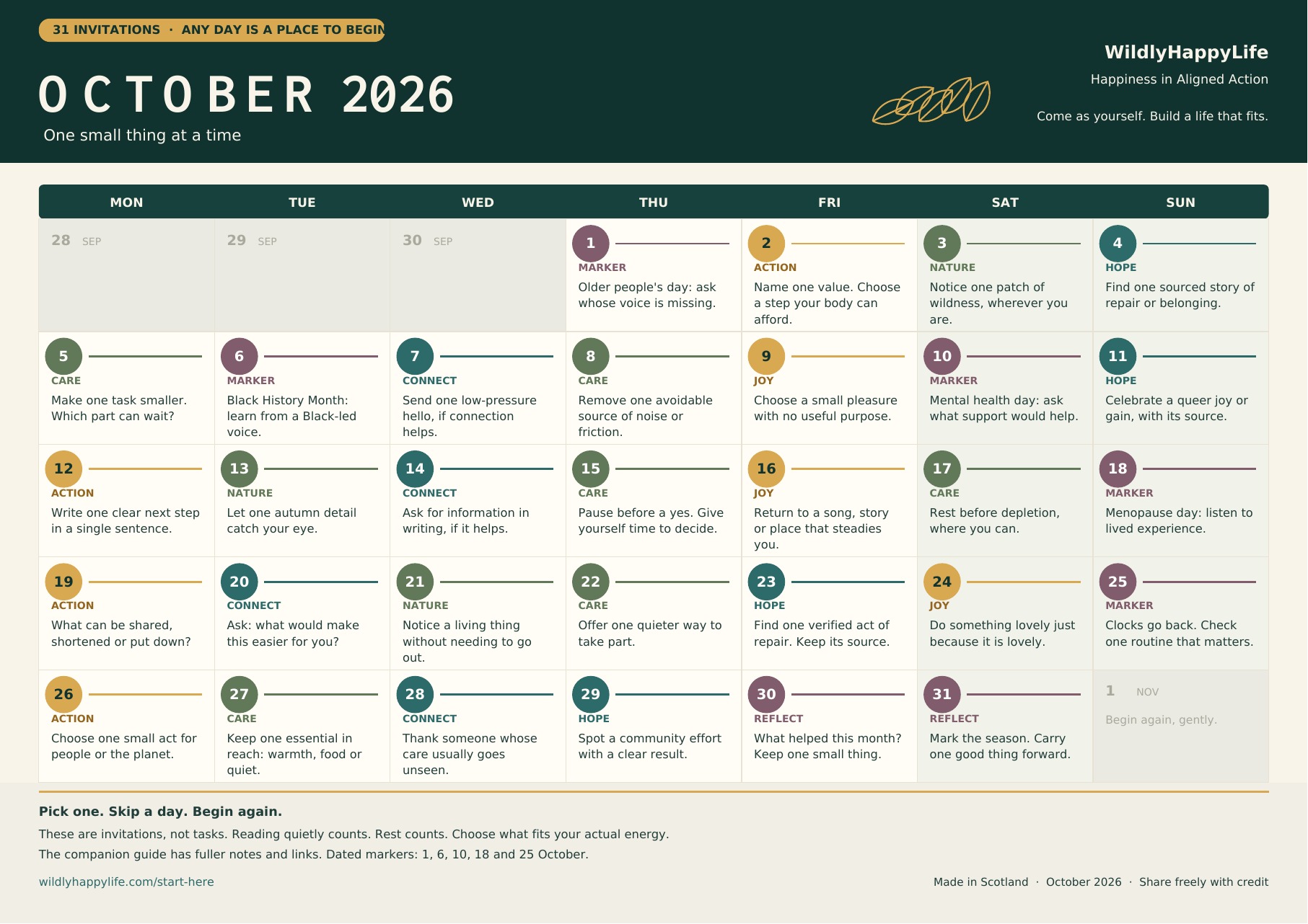 October 2026 WildlyHappyLife calendar showing 31 gentle daily invitations. Full readable text is provided below.